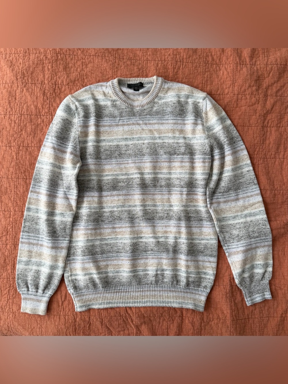 Saks Fifth Avenue Neutral Striped Crewneck Sweater Men’s M Cotton Knit Italy